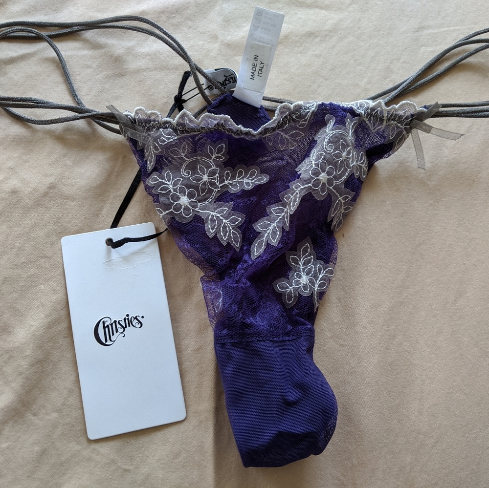 Christies purple applique thong panties 3/M NWT